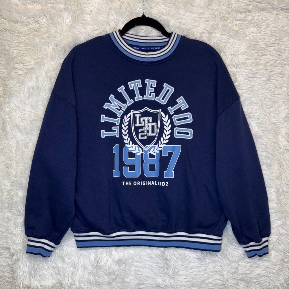 Limited Too‎ Navy Blue Varsity 1987 Striped Crewneck Youth XL Fits Oversized